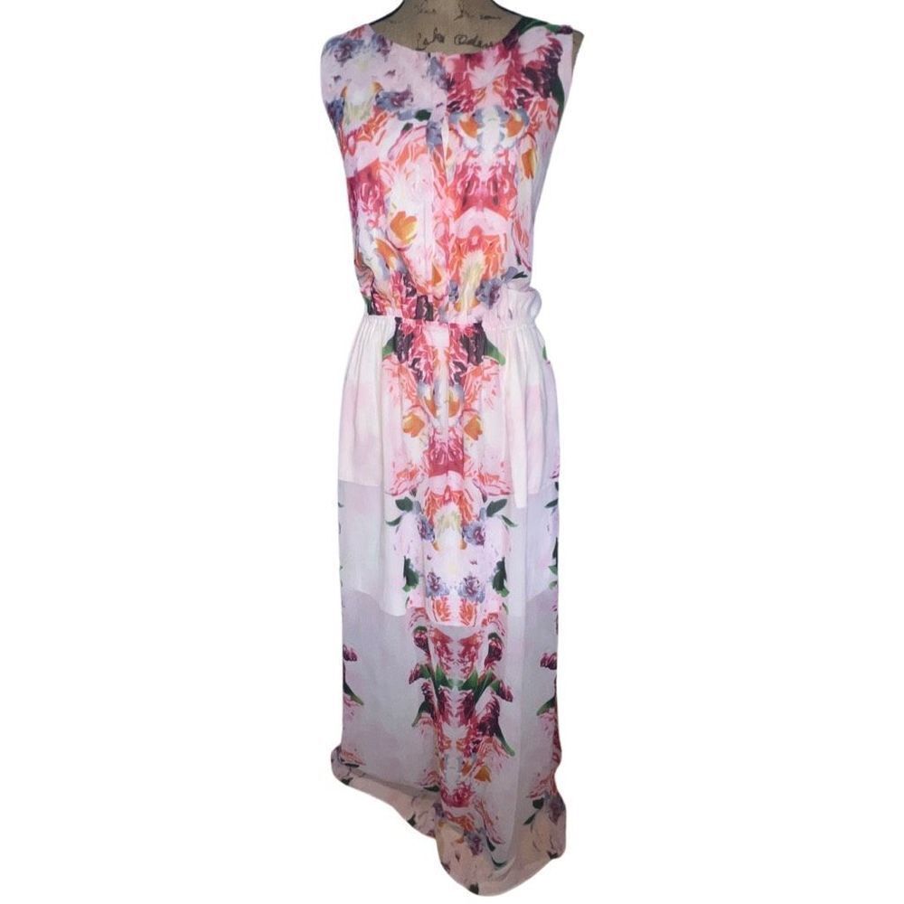 W118Β By Walter Baker Pink kaleidoscope floralβMaxi 1/2 Lined Dress Side Slits L